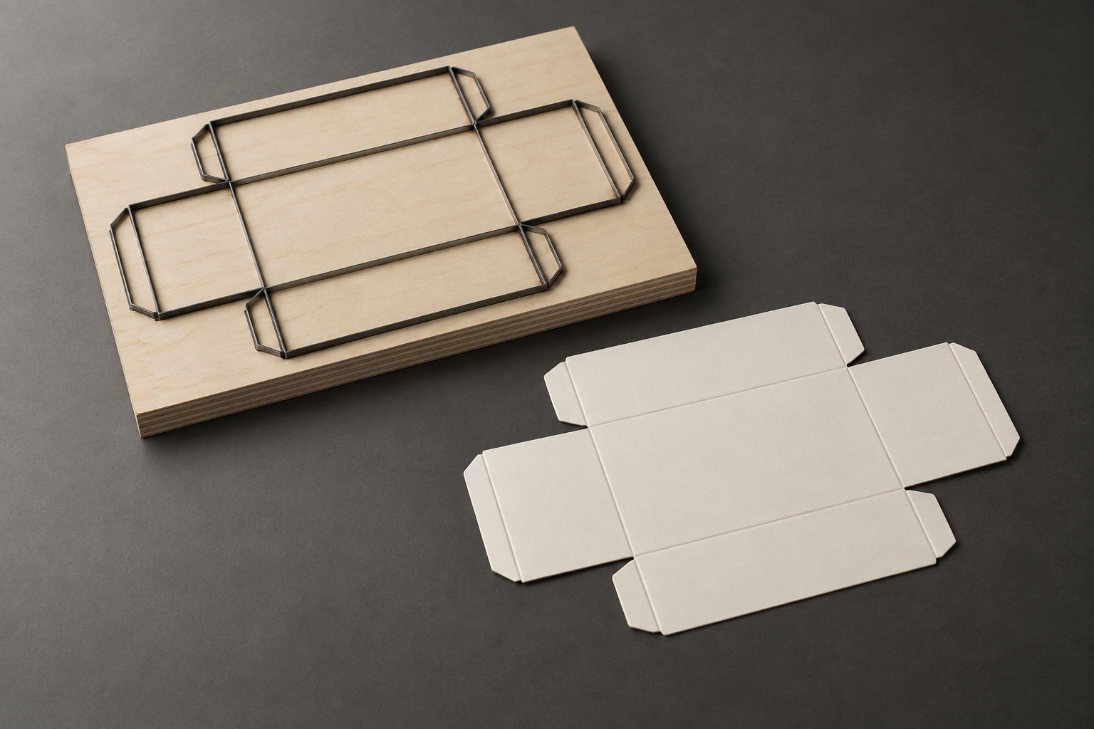Kutu kesim kalıbı ve aynı formda düz karton açılımı